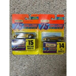 Matchbox 75 Challenge 1997 Edition 87 Corvette, Mustang Mach III Gold Diecast